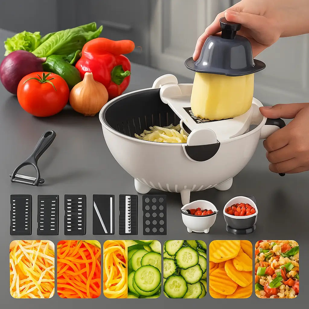 Rallador Multifuncional 9 en 1 con Recipiente y Cuchillas Intercambiables