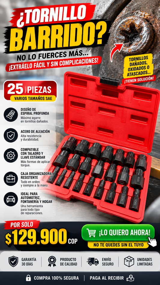 Extractor de Tornillos y Pernos Dañados – Kit 25 Piezas