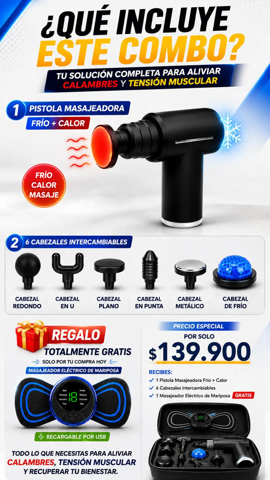 Combo Masajeador Tipo Martillo Frio + Calor + 6 Cabezales + GRATIS 🎁Masajeador Mariposa De Corriente