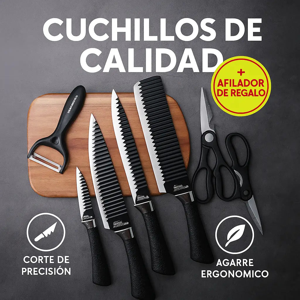 Oferta Única: Set de 6 Cuchilllos + Afilador de Regalo