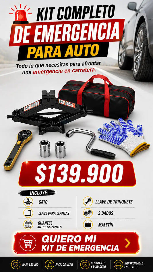 Kit De Emergencia: Gato Mecanico Tipo Tijera + Llave De Trinquete + Palanca Adaptadora + Guantes Protectores + 2 Copas